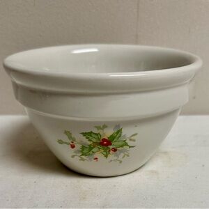 Festive Vintage Hall China White Custard Bowl with Holly Design 4”D